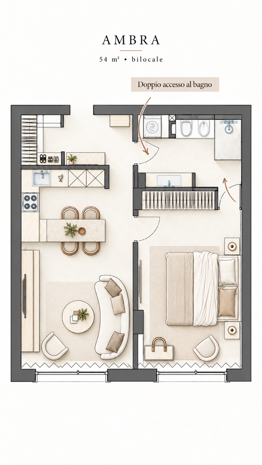 Ambra — Planimetria · 54 m² · Doppio accesso al bagno