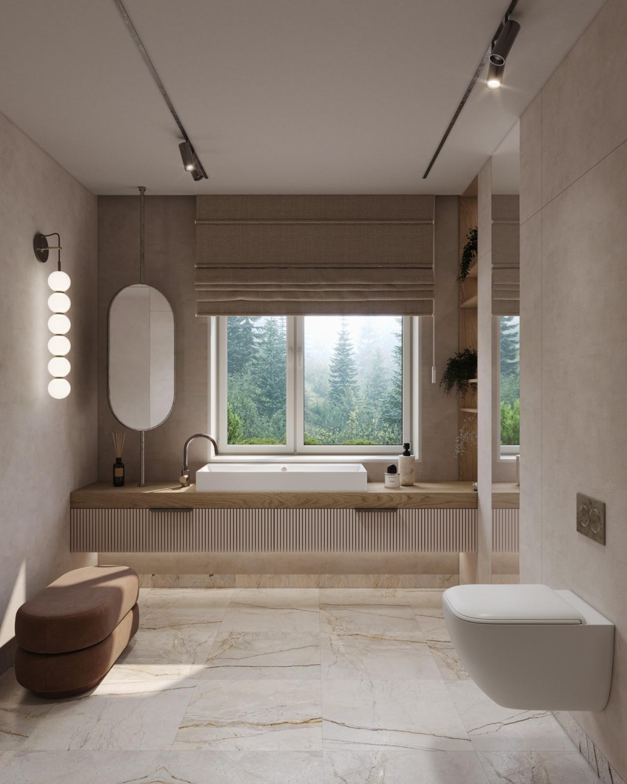 House K — La luce naturale e il lavabo davanti alla finestra