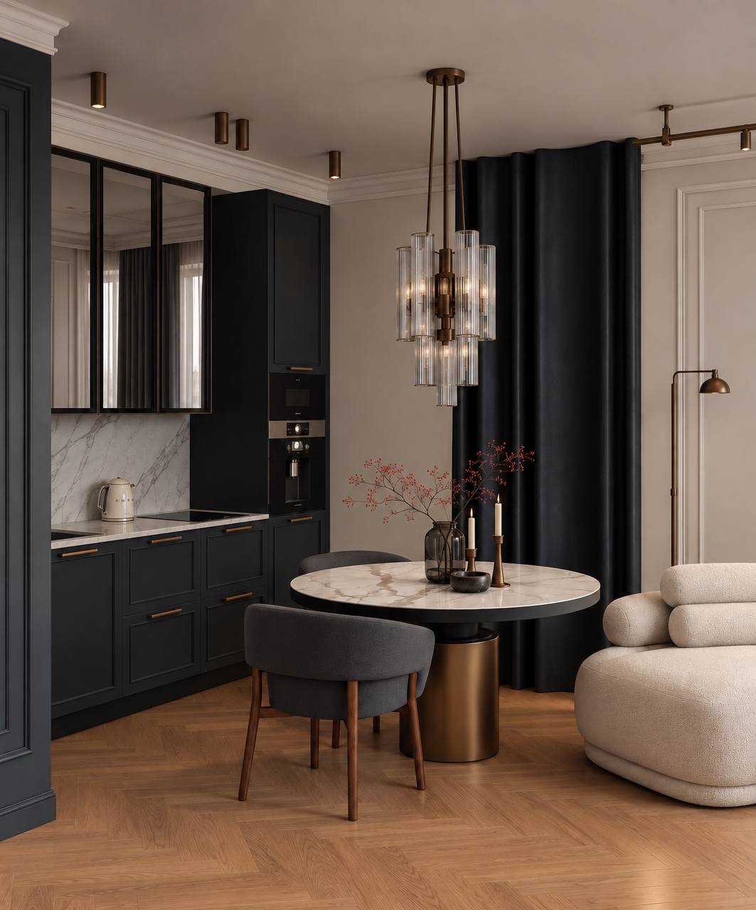 Cucina blu con pensili a specchio, tavolo e dettagli in bronzo
